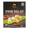 Siam Spring Roll Kit packaging with spring rolls, dipping sauce, and chopsticks on a dark background.